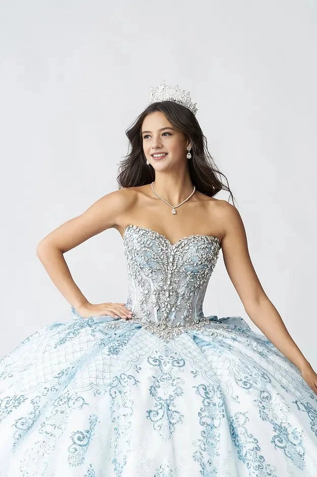 Ball Gown Strapless Sweetheart Detachable Puff Sleeves Glitter Lace Corset Back Big Bow Quinceanera Dress