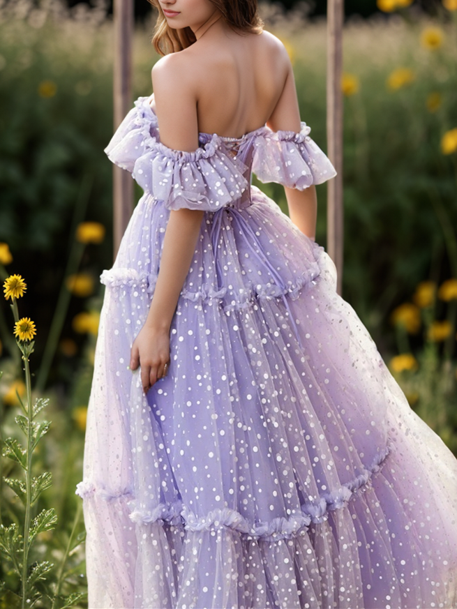 Vestidos de fiesta de tul con volantes, hombros descubiertos, corte en A, de lunares, corsé con escote corazón, hasta el suelo, para cumpleaños y ocasiones especiales