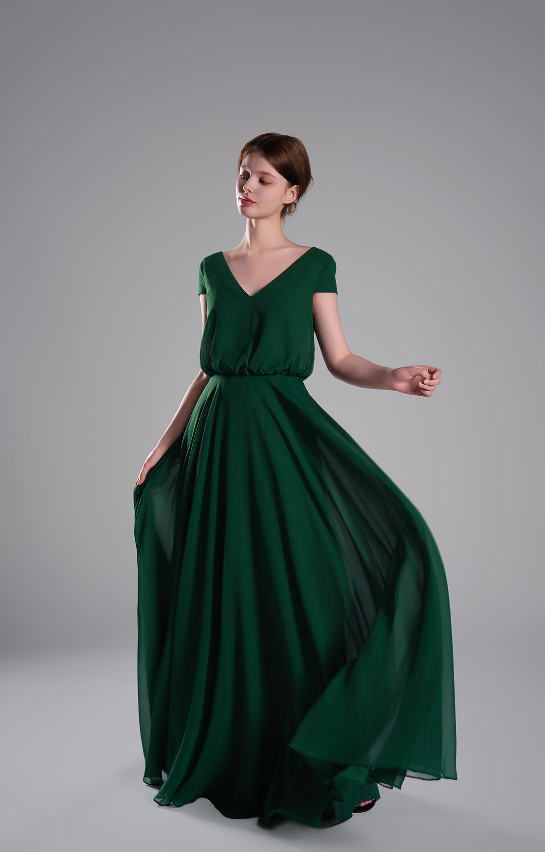 Elegant Chiffon Maxi Dress V Neck Cap Sleeve Flowy Evening Gown Wedding Guest Formal Bridesmaid Dresses