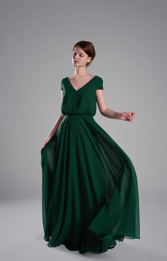 Elegant Chiffon Maxi Dress V Neck Cap Sleeve Flowy Evening Gown Wedding Guest Formal Bridesmaid Dresses
