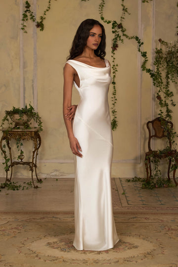 Vedress white satin draped cowl‑neck sheath prom dress front view