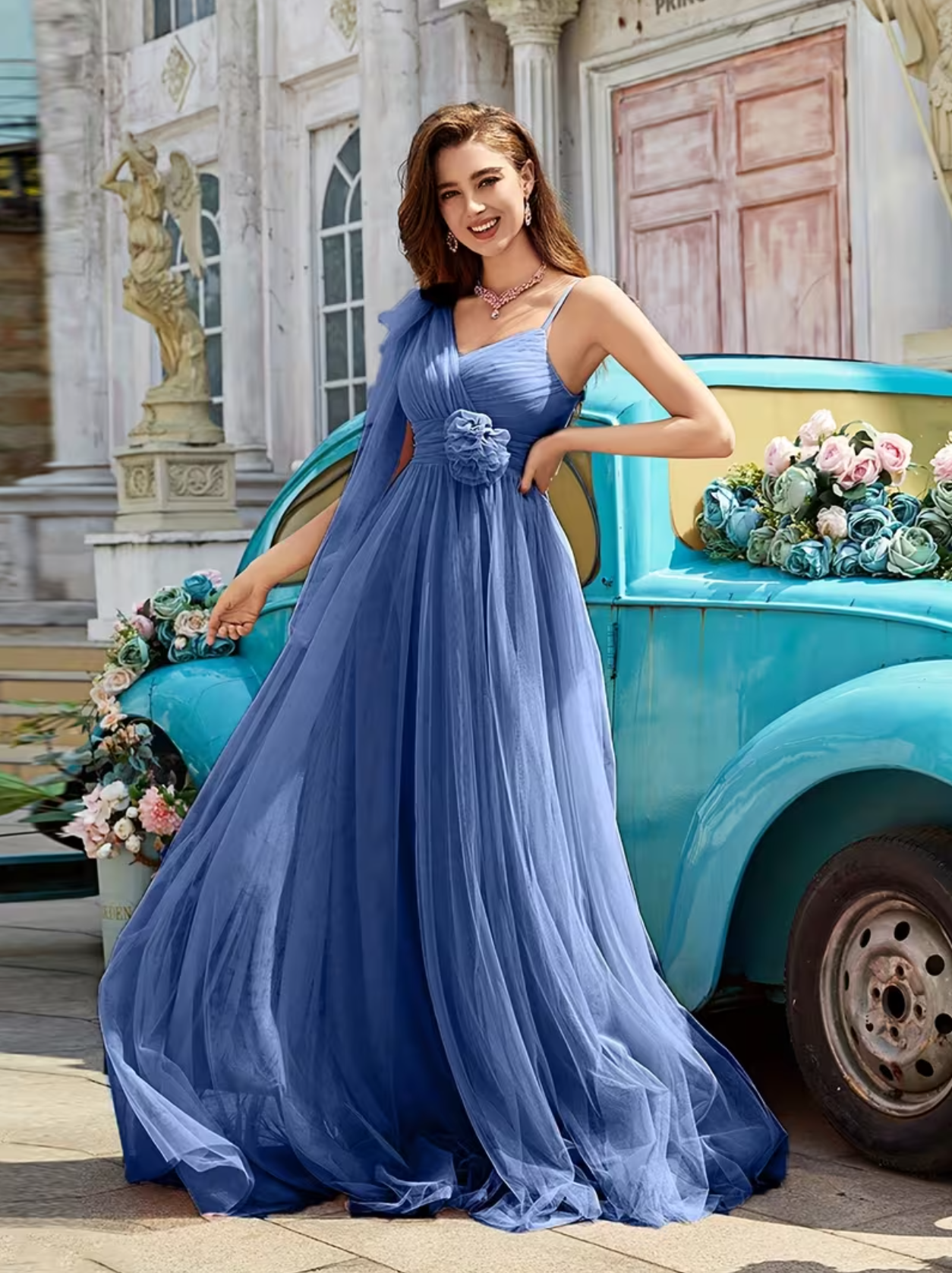 Women's Elegant Maxi Bridesmaid Dress One-Shoulder Mesh Floor-Length Formal Evening Gown Tiered Tulle Gown with Floral Appliqué