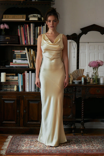 Vedress champagne satin cowl neck mermaid prom dress full‑body front view