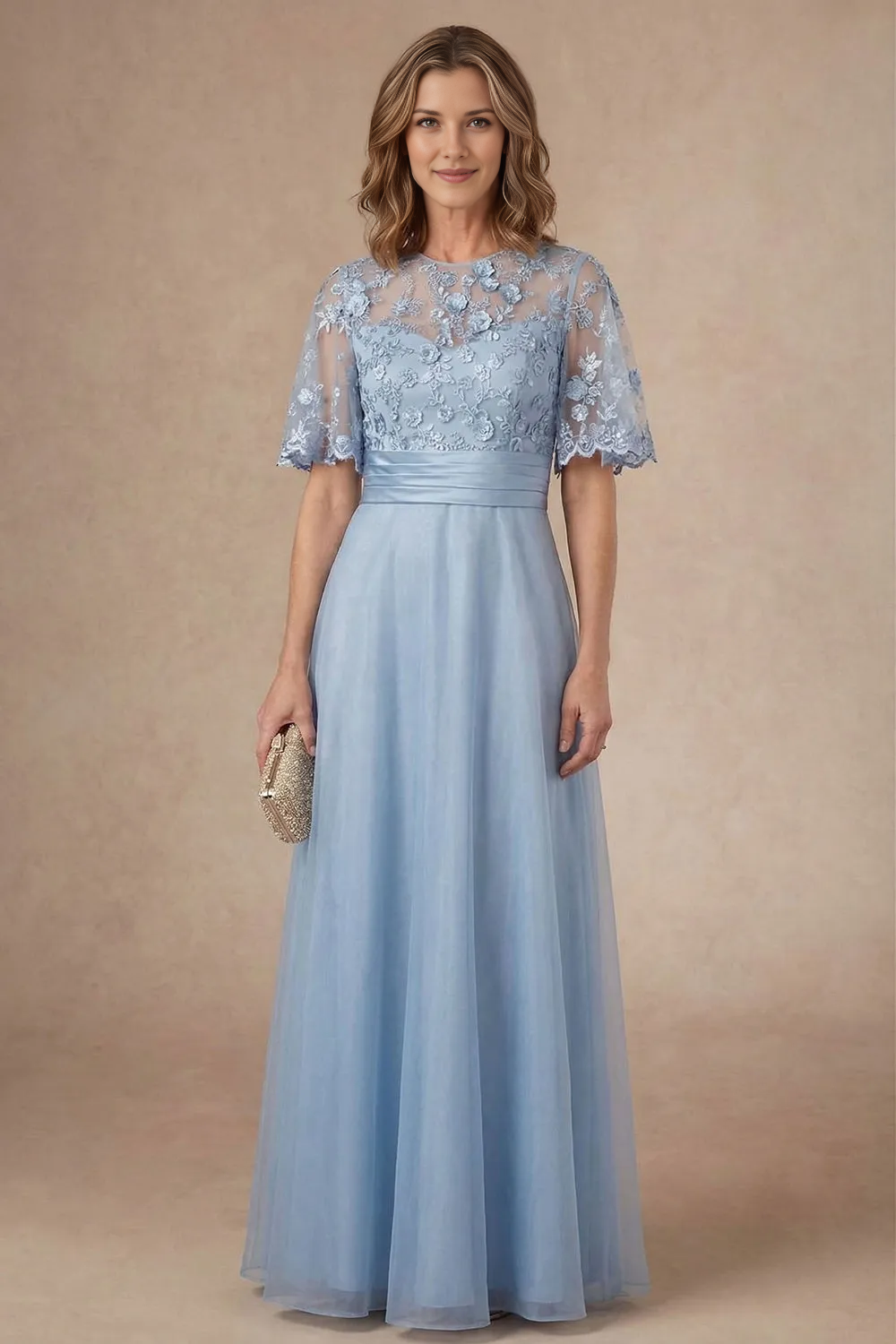 Light Blue Floral Lace A-Line Gown with Sheer Illusion Neckline