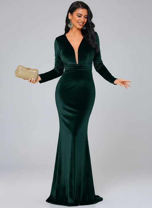 Women's Long Sleeve V-Neck Velvet Green Evening Dress Mermaid Party Wedding Guest Dresses