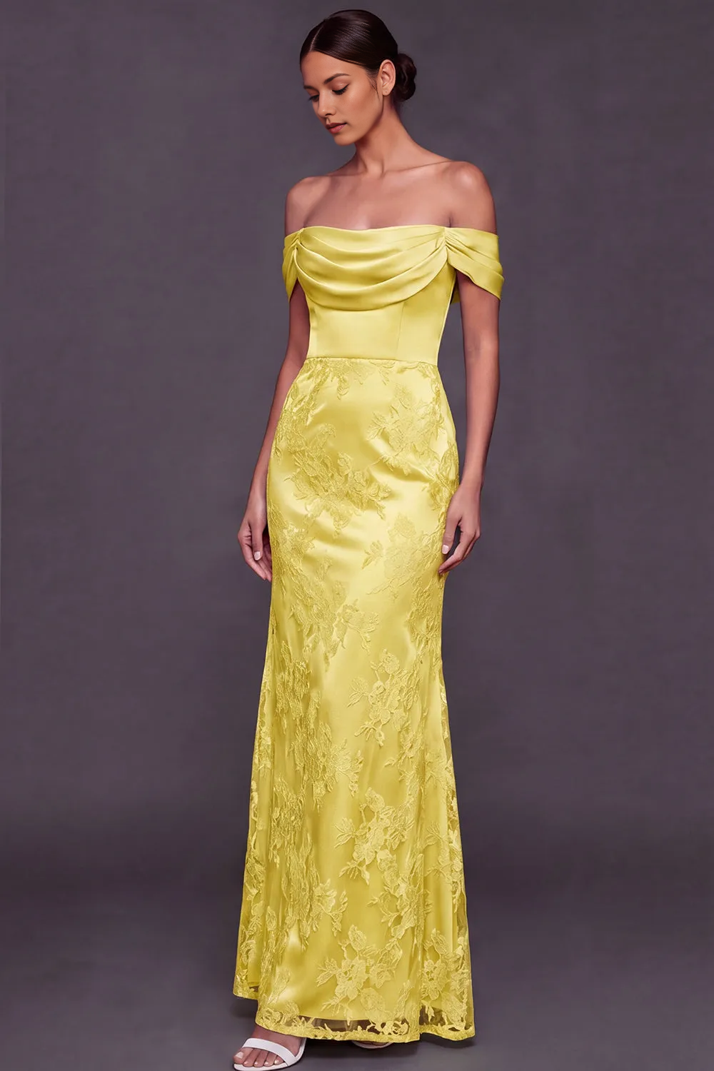 Off-The-Shoulder Draped Satin Lace Mermaid Maxi Bridesmaid Formal Dress