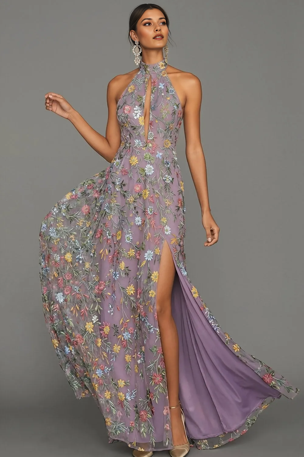 Lavender Floral Embroidered Halter Neck Maxi Dress with Keyhole & Slit
