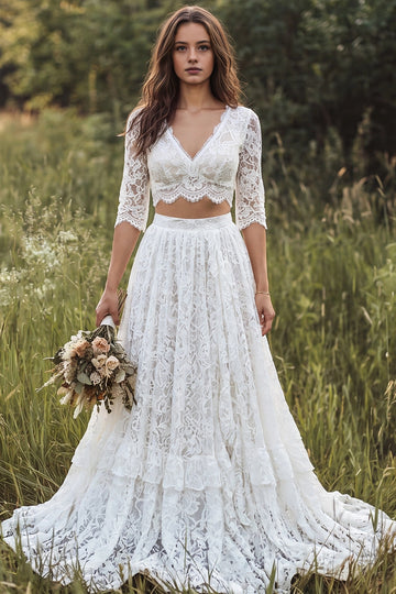 Vedress two piece lace boho wedding dress v neck 3/4 sleeve tiered ruffle meadow bridal gown