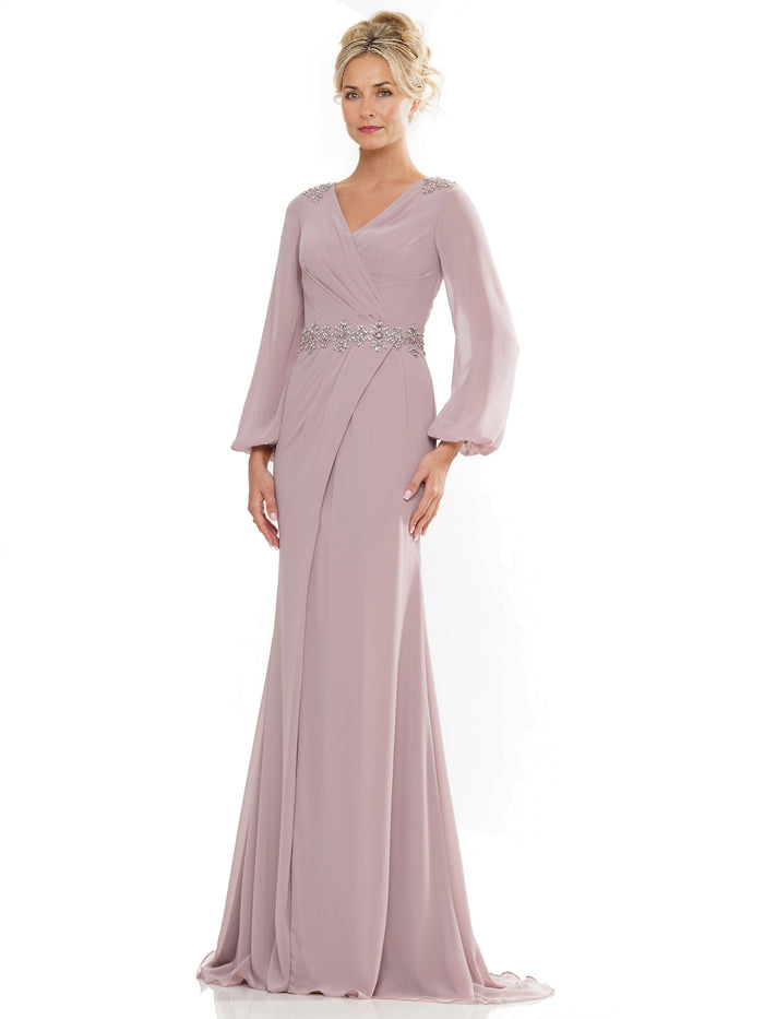 Women's V-Neck Long Sleeve Chiffon Mermaid Mother of the Bride Dress Evening Gown Sweep Train with Crystal Waist Belt