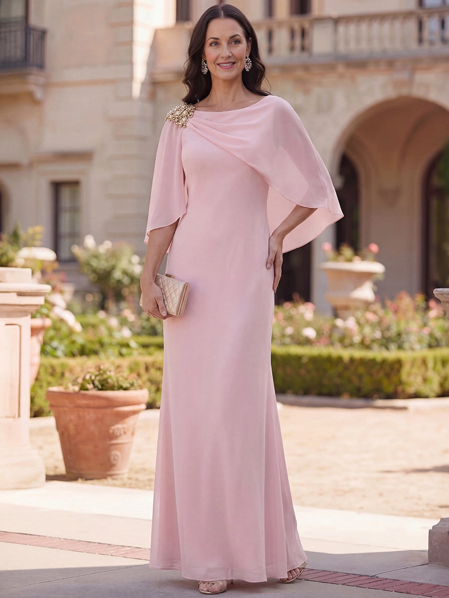 Blush Sheath Bateau Cape Sleeve Cowl‑Back Long Mother of the Bride Dress