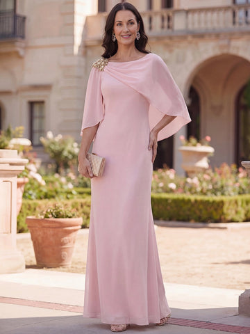 Blush Sheath Bateau Cape Sleeve Cowl‑Back Long Mother of the Bride Dress