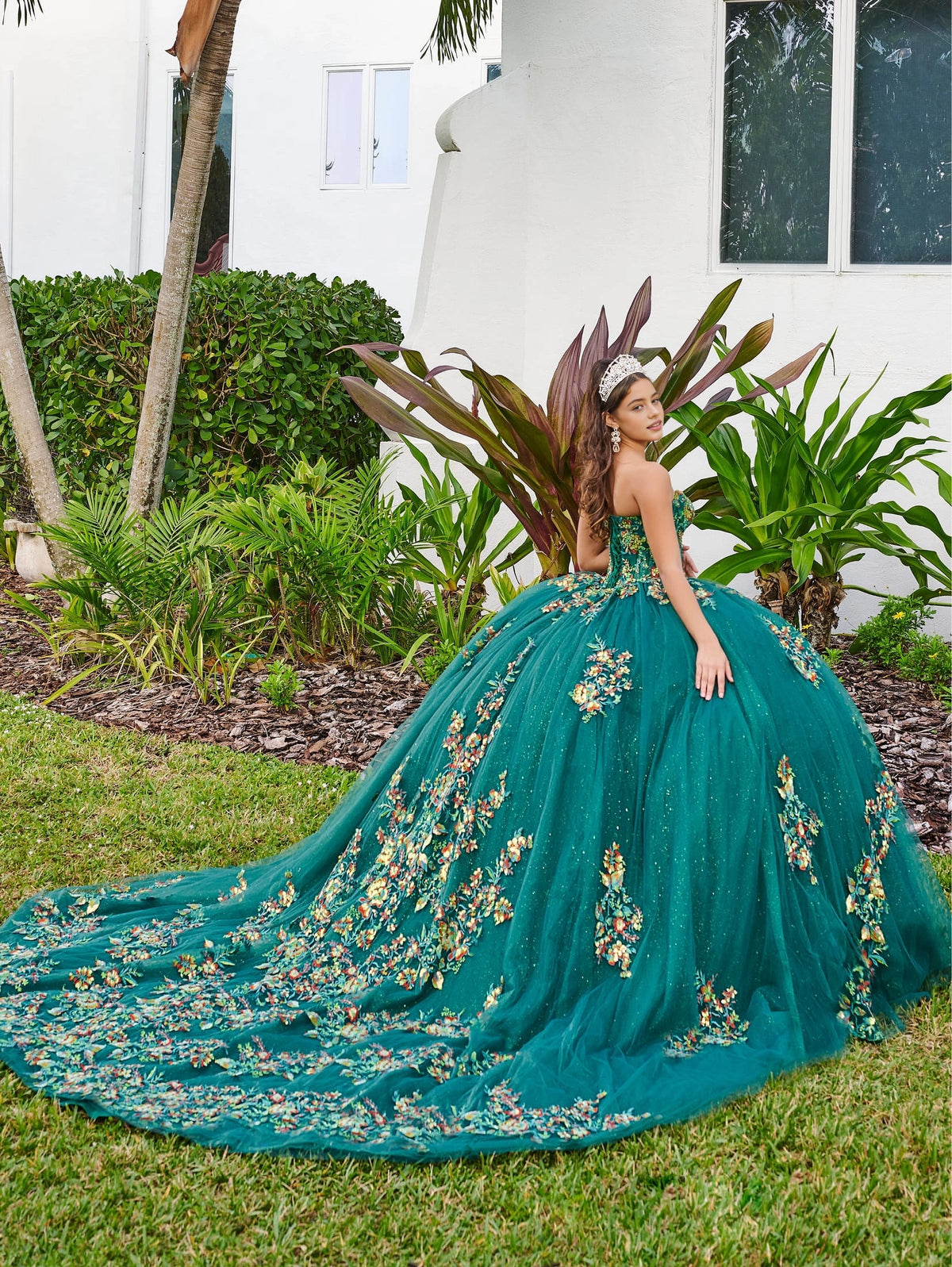 Vedress emerald green quinceanera ball gown corset back chapel train colorful floral appliques glitter tulle back view