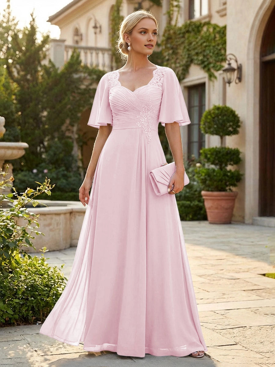 Graceful Dusty Blue A-Line Sweetheart Flutter-Sleeve Sweetheart-Back Floor-Length Mother Of The Bride Dress