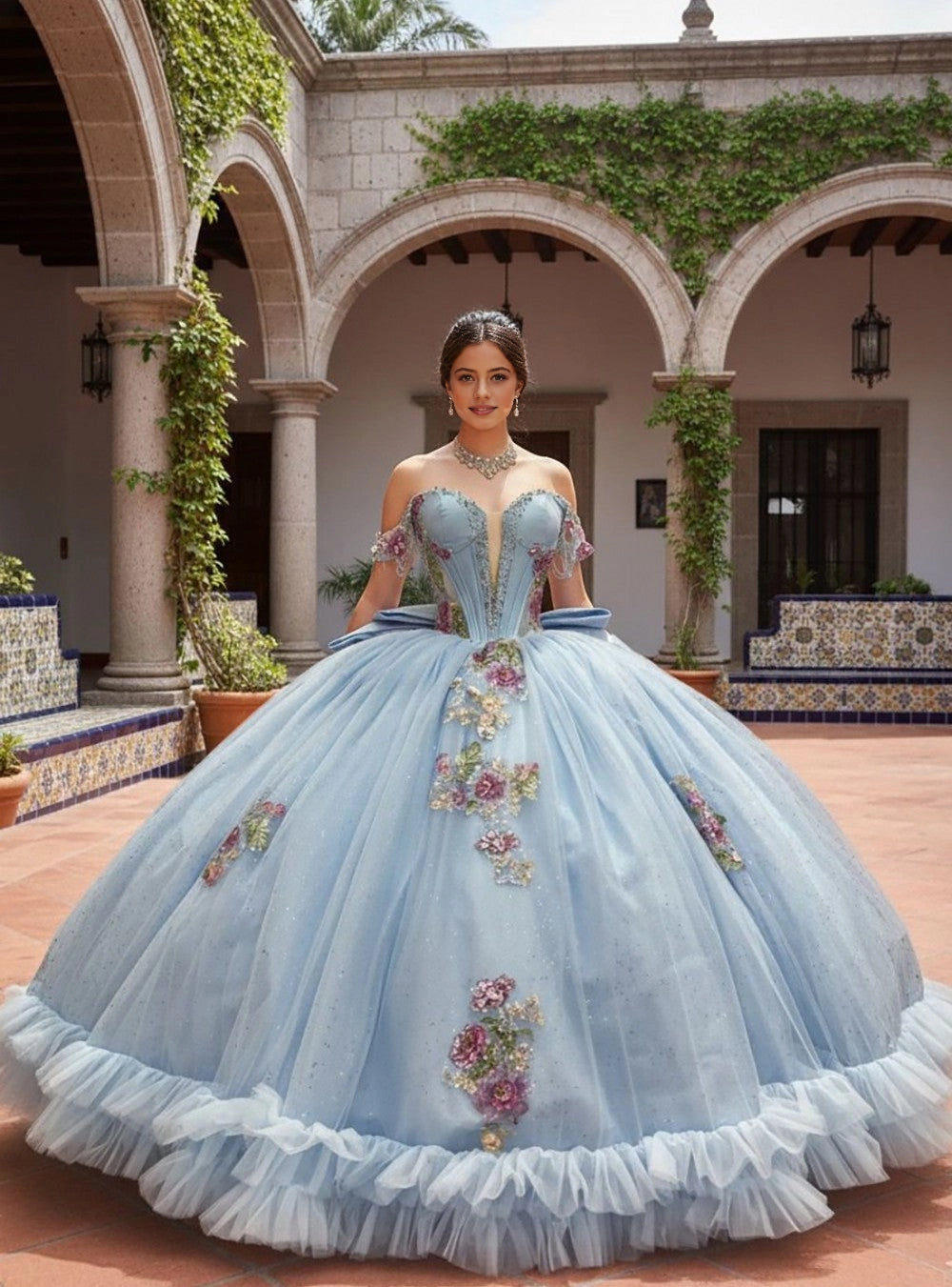 Dreamy Ball Gown Off‑Shoulder Strap Sleeve Lace‑Up Back Court Train Quinceanera Dress