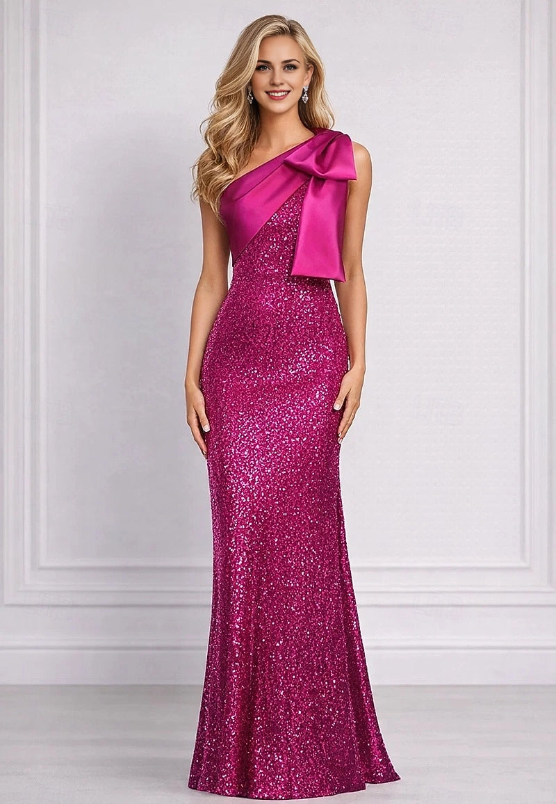 Vedress fuchsia sequin mermaid prom dress one shoulder satin bow design front view formal evening gown