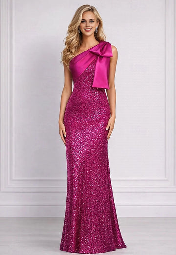 Vedress fuchsia sequin mermaid prom dress one shoulder satin bow design front view formal evening gown