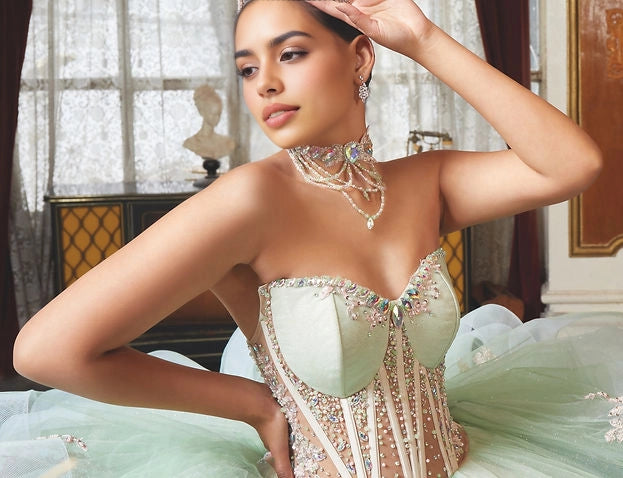 Floral Ball Gown Sweetheart Puff Sleeve Corset Big Bow Train Quinceañera Dress