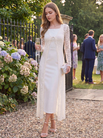Ivory Sheath Square‑Neck Long‑Sleeve Lace Midi Prom Dress