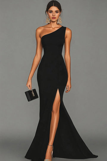 Lavender Mermaid One Shoulder Sleeveless Plain Back Slit Long Prom Dress