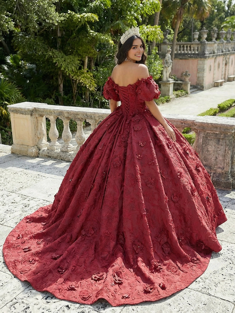 Vedress burgundy quinceanera dress off shoulder lace-up corset back 3D flower jacquard court train ballgown back view