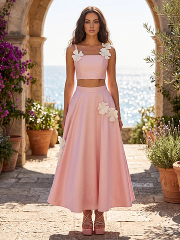 Romantic Two-Piece A-Line Square Sleeveless Zip-Back Midi-Length Bridesmaid Dress