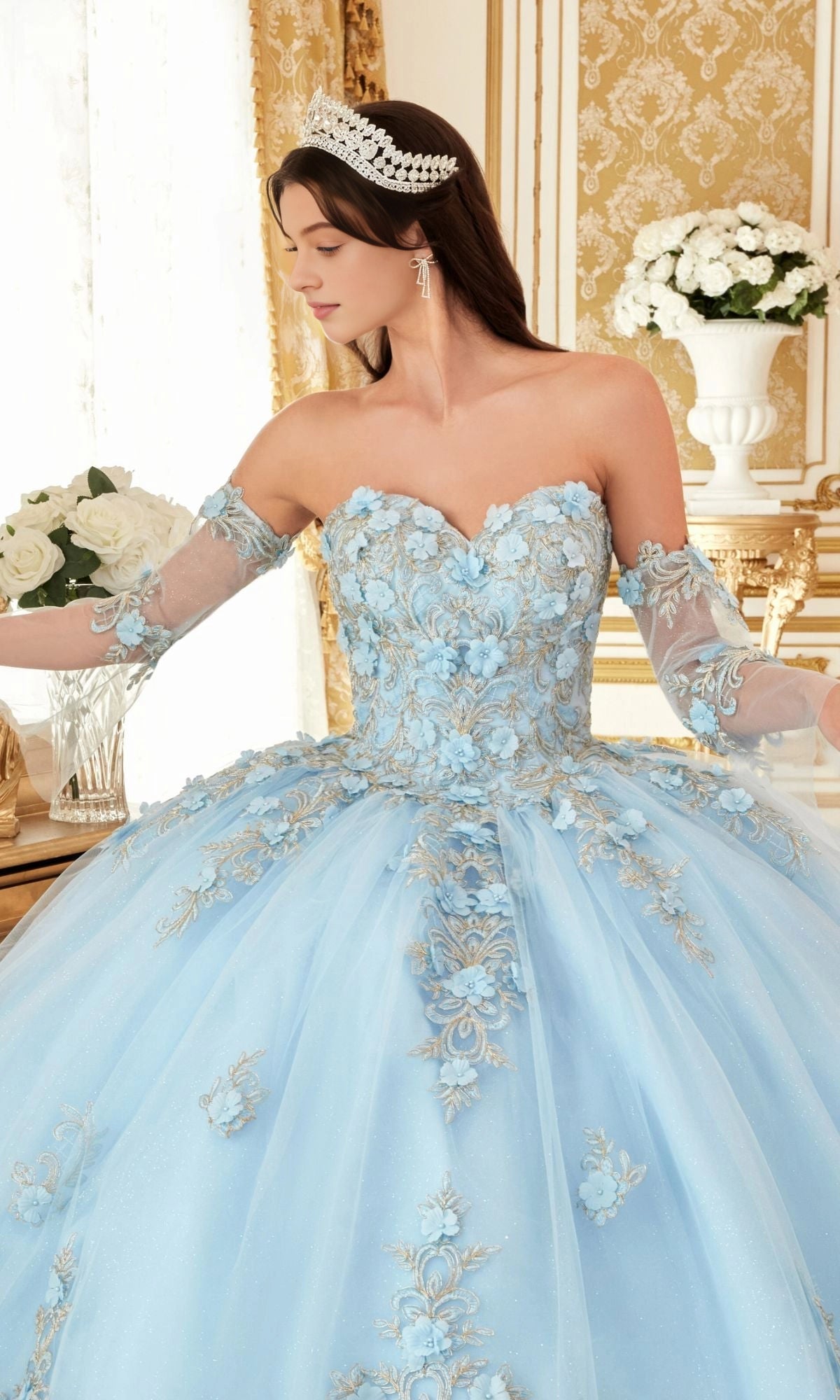 Dreamy Ball Gown Strapless Detachable Long Gloves Lace‑Up Back Floor‑Length Quinceanera Dress
