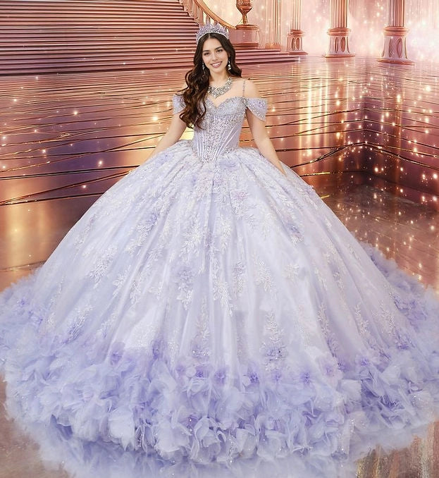 Ball Gown Off Shoulder Sweetheart 3D Floral Corset Big Bow Quinceañera Dress