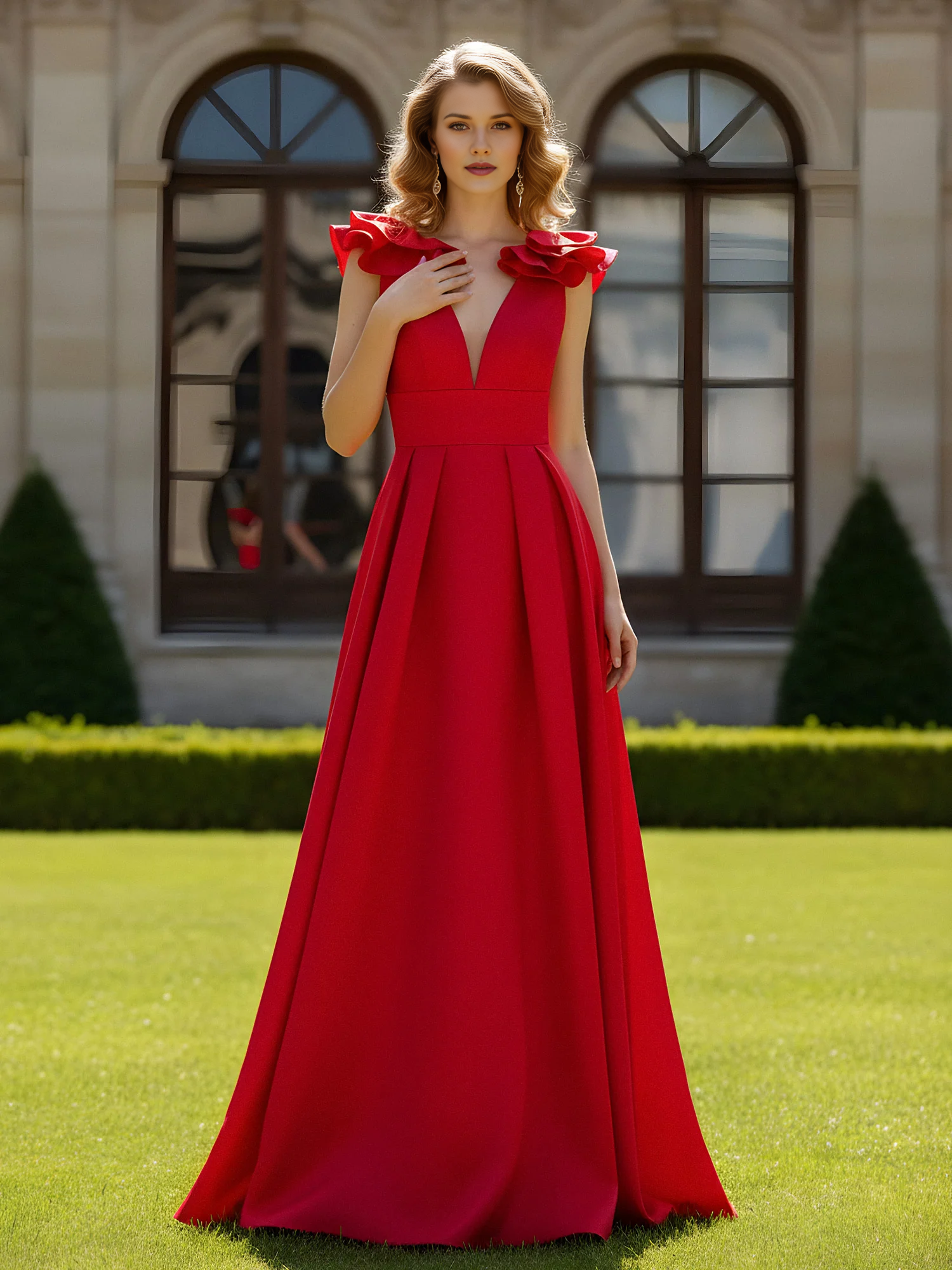 Deep V-Neck Ruffle Shoulder A-Line Floor-Length Formal Evening Gown
