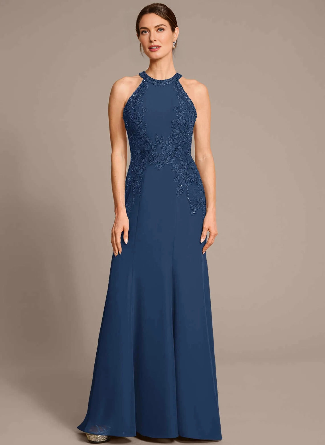 Chic Mermaid Halter Sleeveless Illusion Back Floor‑Length Mother Of The Bride Dress