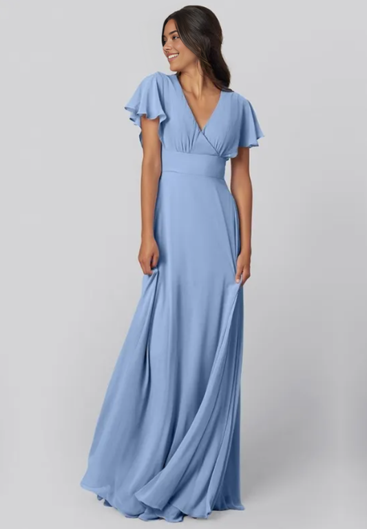 Elegant A-Line V-Neck Flutter Sleeve Zippered Back Bridesmaid Dresses Flared Sleeve Evening Gown