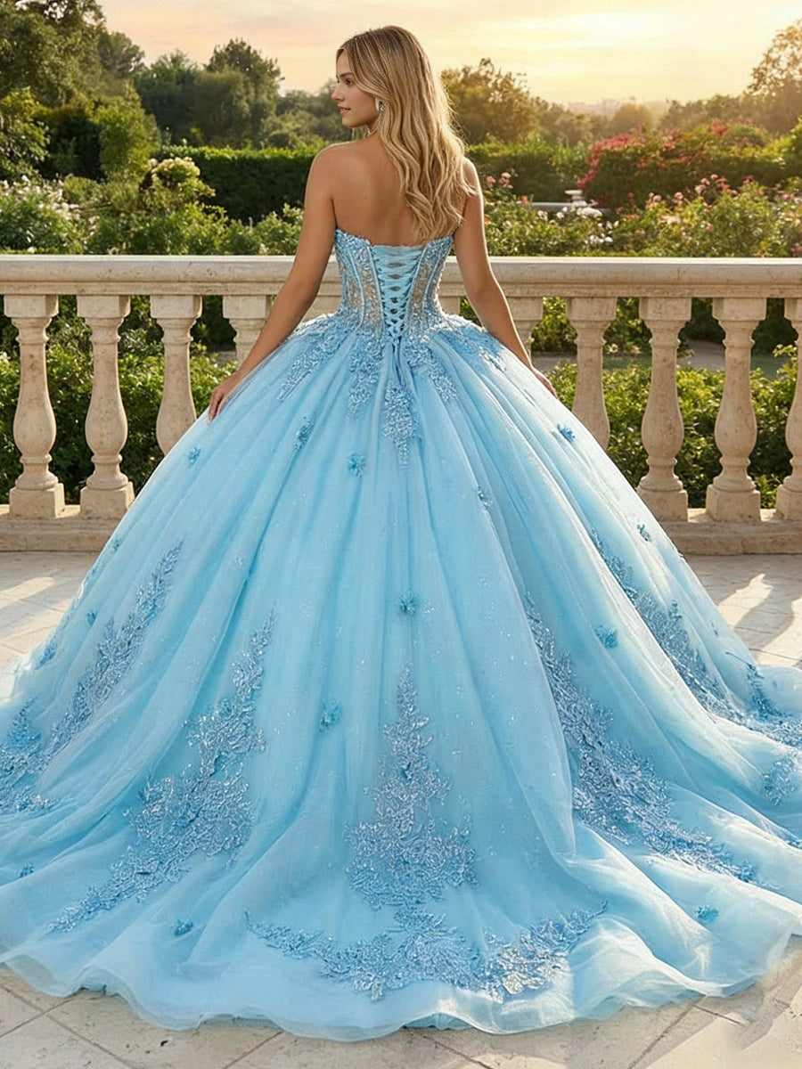 Vedress baby blue quinceanera dress strapless lace-up corset back silver blue lace appliqué court train ballgown back view