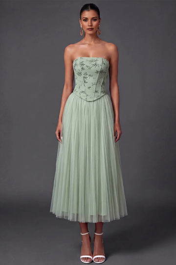 Strapless Floral Embroidered Corset Bodice Pleated Tulle Midi Bridesmaid Formal Dress