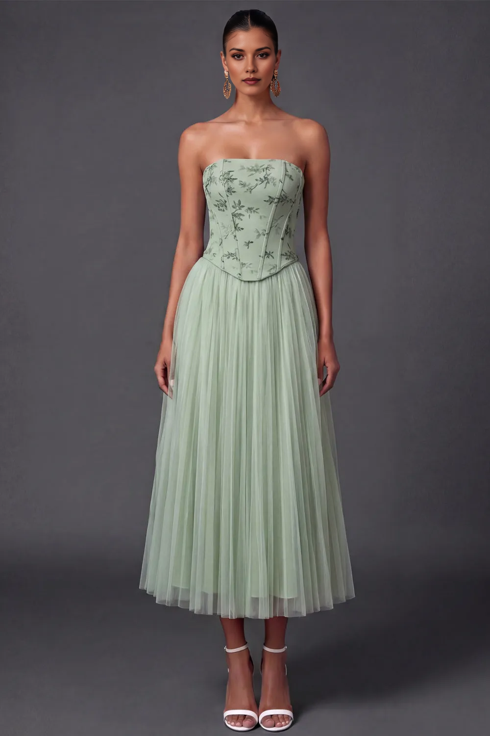 Strapless Floral Embroidered Corset Bodice Pleated Tulle Midi Bridesmaid Formal Dress