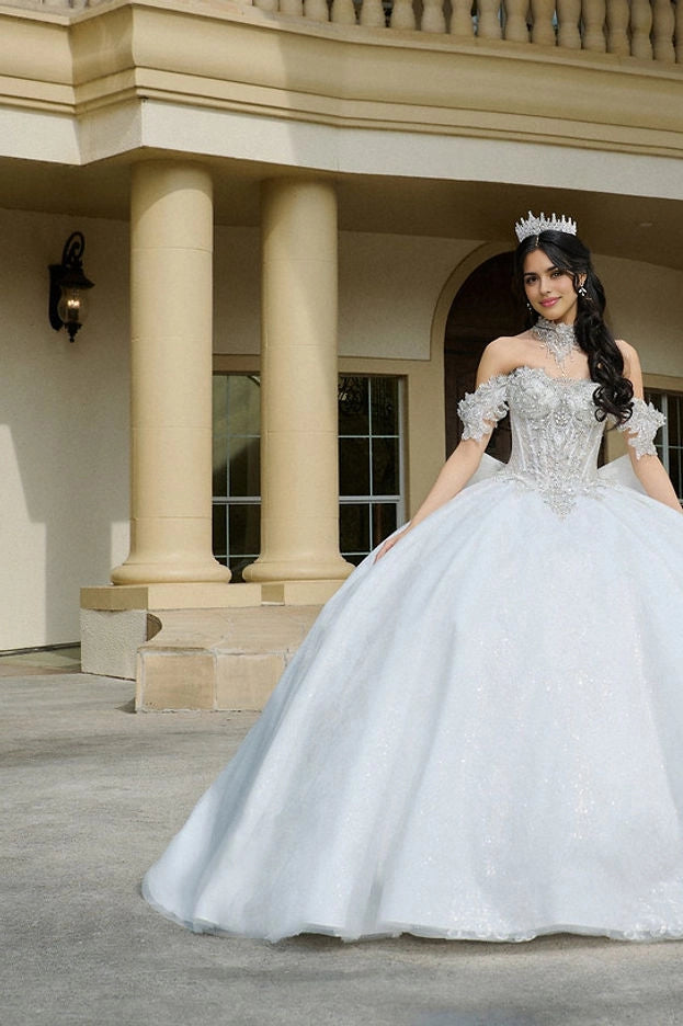 Ball Gown Off Shoulder Beaded Bow Long Train Quinceañera Dress