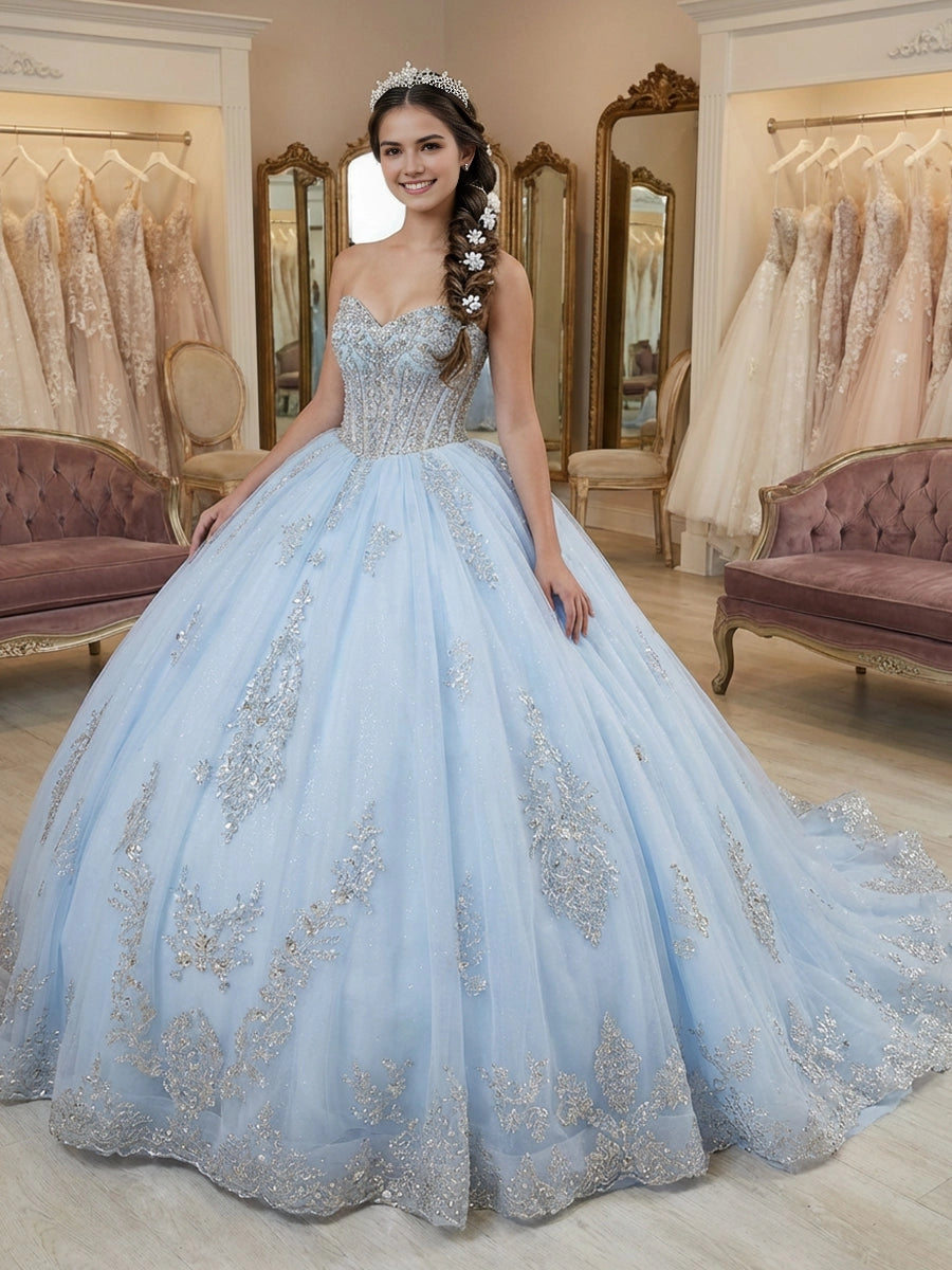 Light Blue Ball Gown Off The Shoulder Sheer Cape Sleeves Silver Beaded Embroidery Corset Back Quinceanera Dress