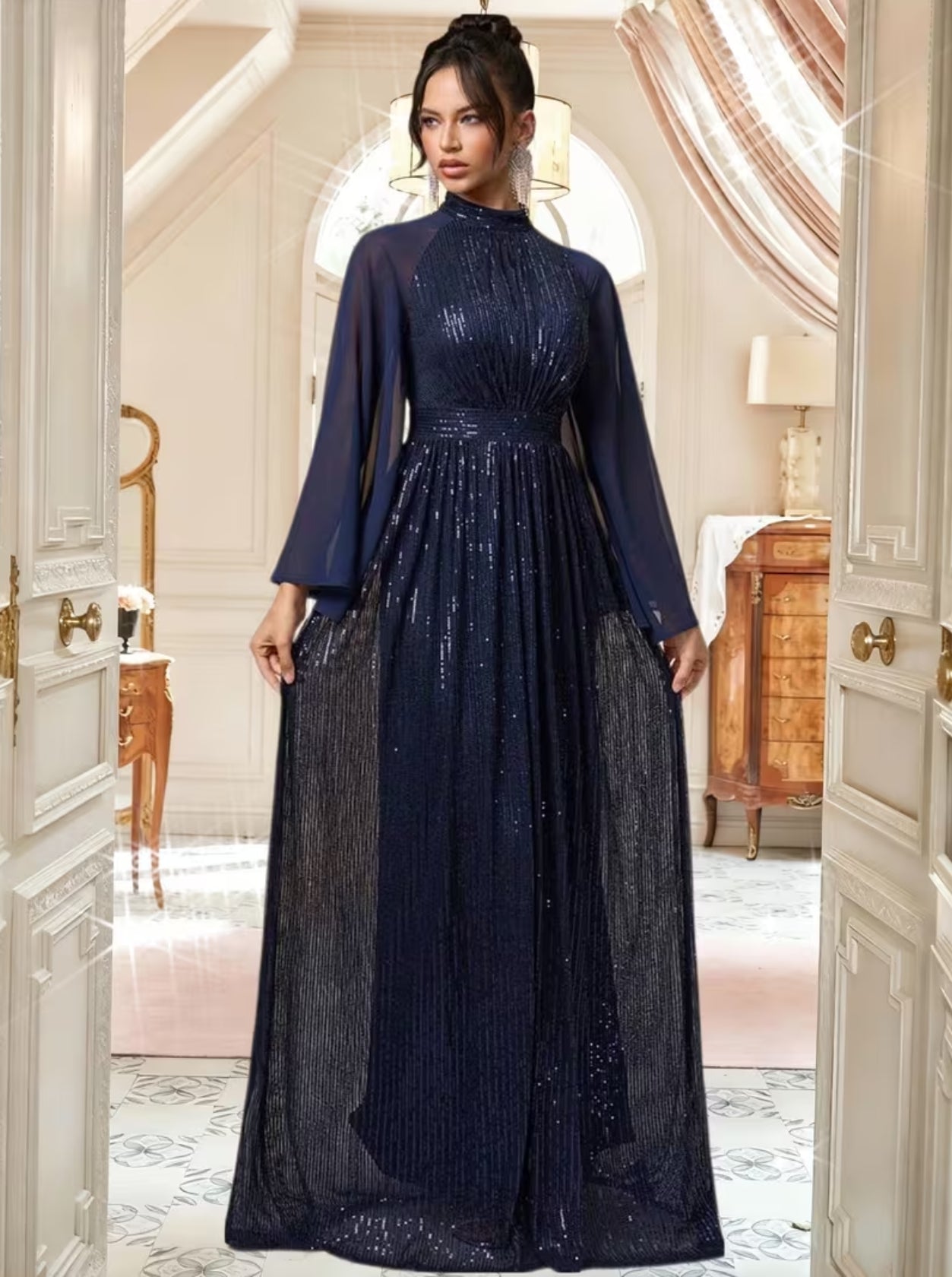 Vestido de noche largo de lentejuelas con cuello alto y capa de gasa de manga larga para mujer Vestido de fiesta