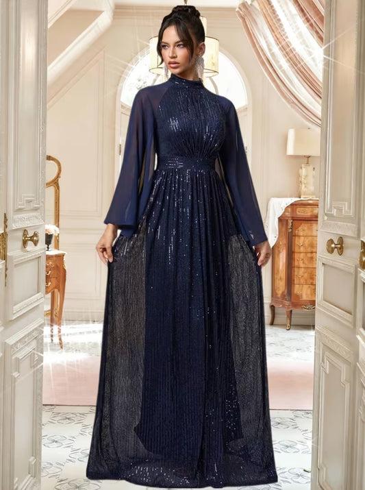 Women's High-Neck Sequin Evening Gown with Long Sleeve Chiffon Cape Floor length Evening Gown Prom Dress