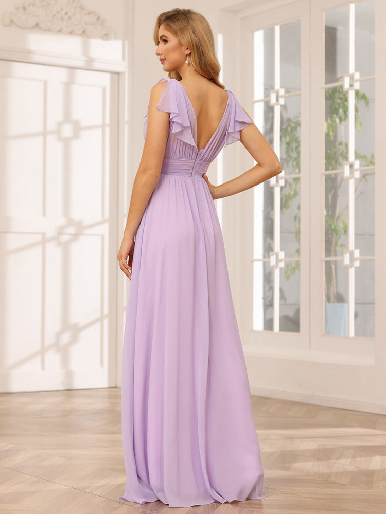Vestidos de dama de honor largos de gasa con cuello en V, manga corta, corte en A/Princesa y volantes