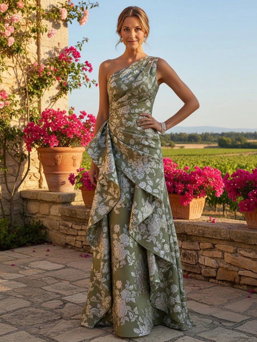 Vedress olive green white floral jacquard one‑shoulder side ruffle mermaid mother of the bride dress front view