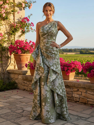 Vedress olive green white floral jacquard one‑shoulder side ruffle mermaid mother of the bride dress front view