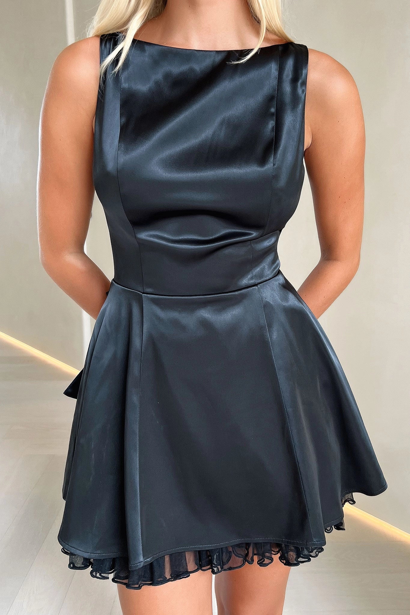 Satin A-Line Sleeveless Bow Back Mini Homecoming Dress