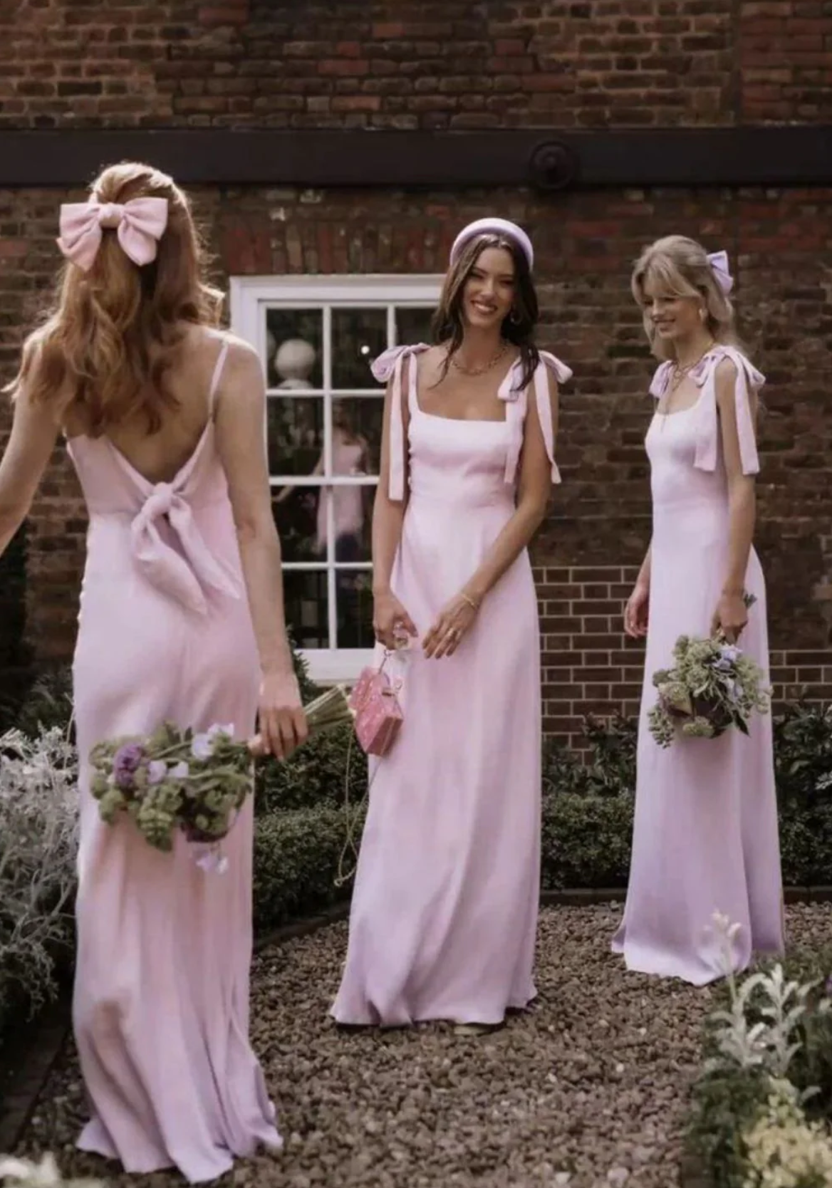 Sweety A Line Spaghetti Straps Pink Satin Charmeuse Solid Long Bridesmaid Dress with Bowknot