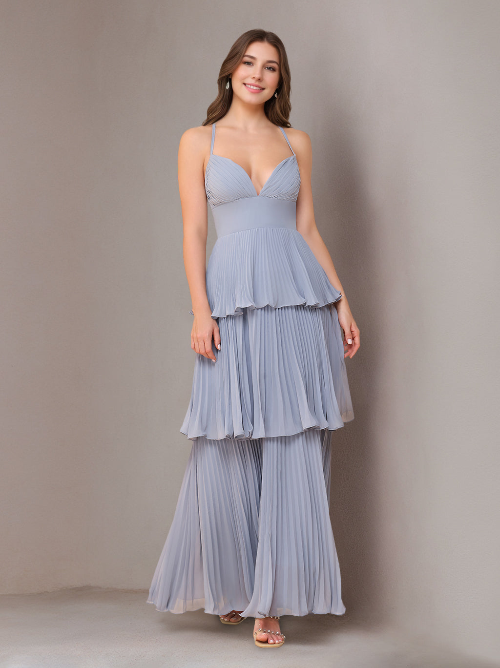 A-Line Maxi Dress Spaghetti Straps Sleeveless Floor-Length Chiffon Wedding Guest Bridesmaid Dresses with Pleated