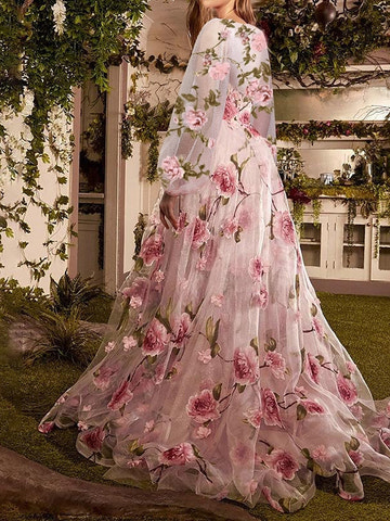 A-Line/Princess Sweep Brush Train Illusion Neck Long Sleeves Evening Dresses Floral Print Prom Dresse With Slit