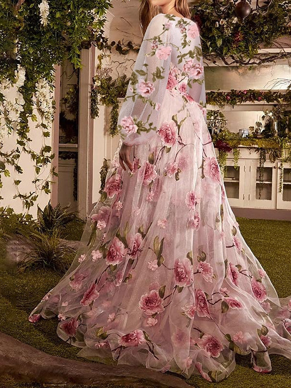 Vestidos de Noche de Fiesta con Estampado Floral con Abertura, Cuello Ilusión, Mangas Largas, Corte en A/Princesa y Cola de Barrido