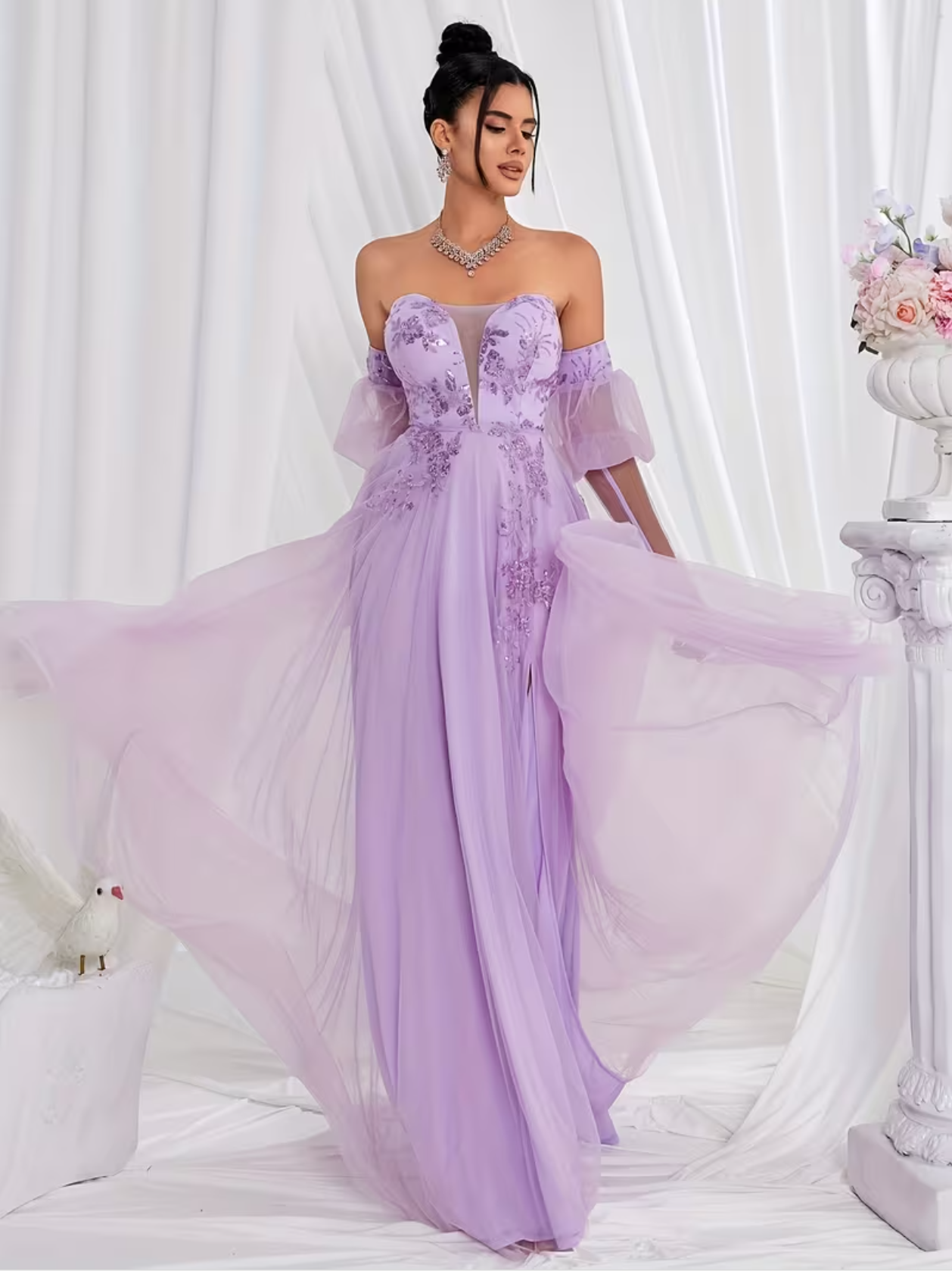 Vestidos de noche elegantes con hombros descubiertos, de gasa bordada, largos, para fiesta de graduación. Vestido de noche elegante de mujer con apliques de malla y bralette.