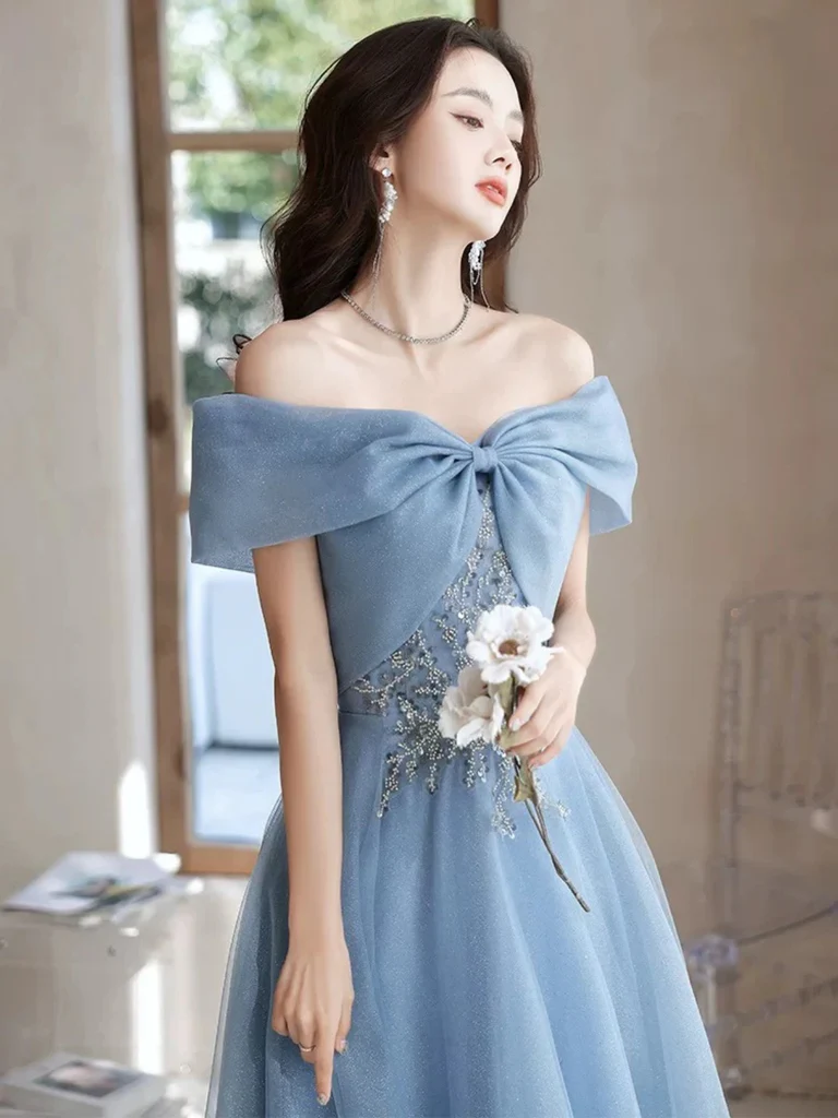 Vestido de gala de corte A estilo princesa con hombros descubiertos, abalorios y tul, vestidos largos formales de fiesta, vestidos largos formales de noche