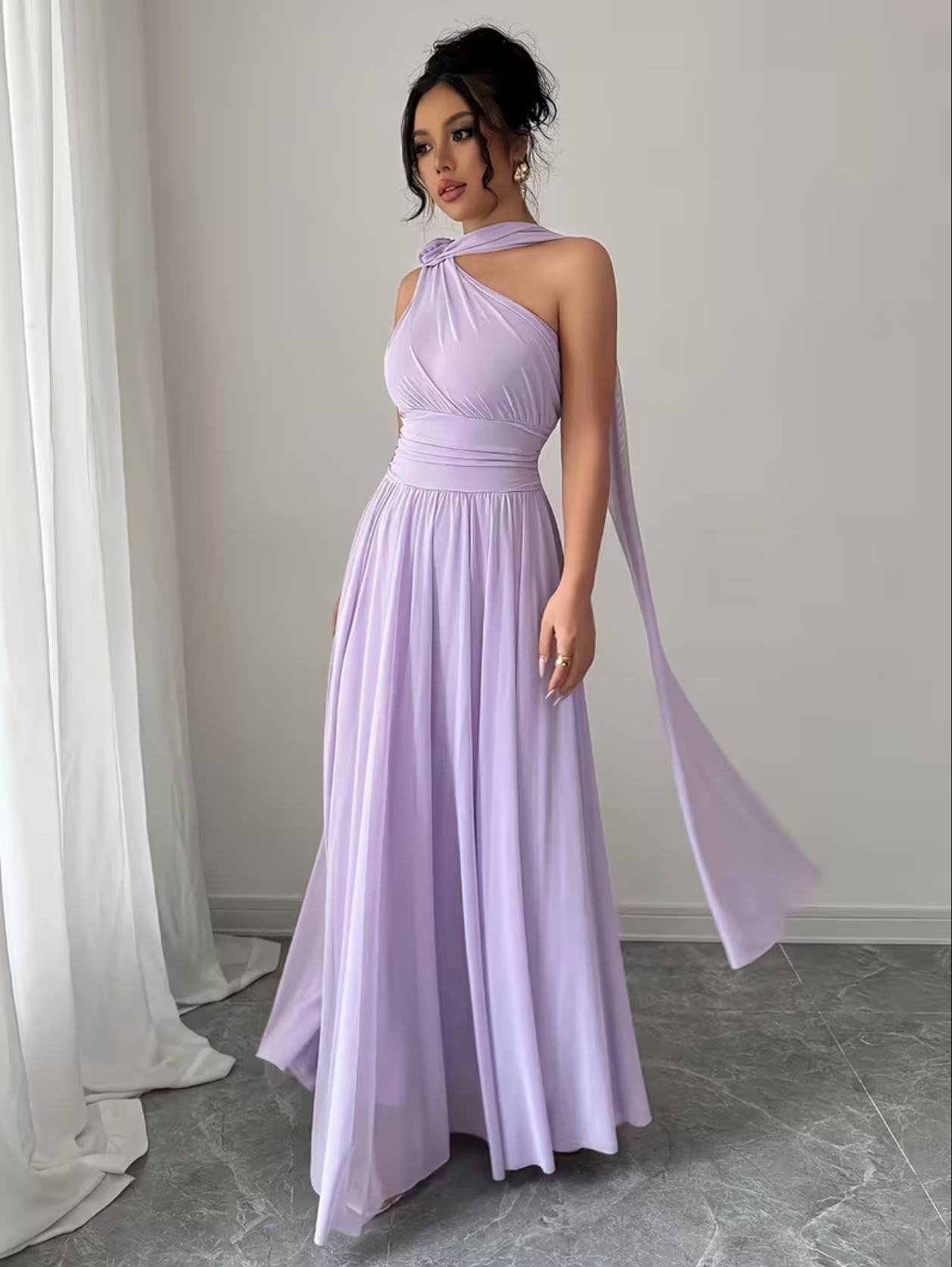 Vestido maxi casual elegante de fiesta para mujer, con un solo hombro, floral, sin espalda, para baile de graduación, con banda en cascada y falda acampanada