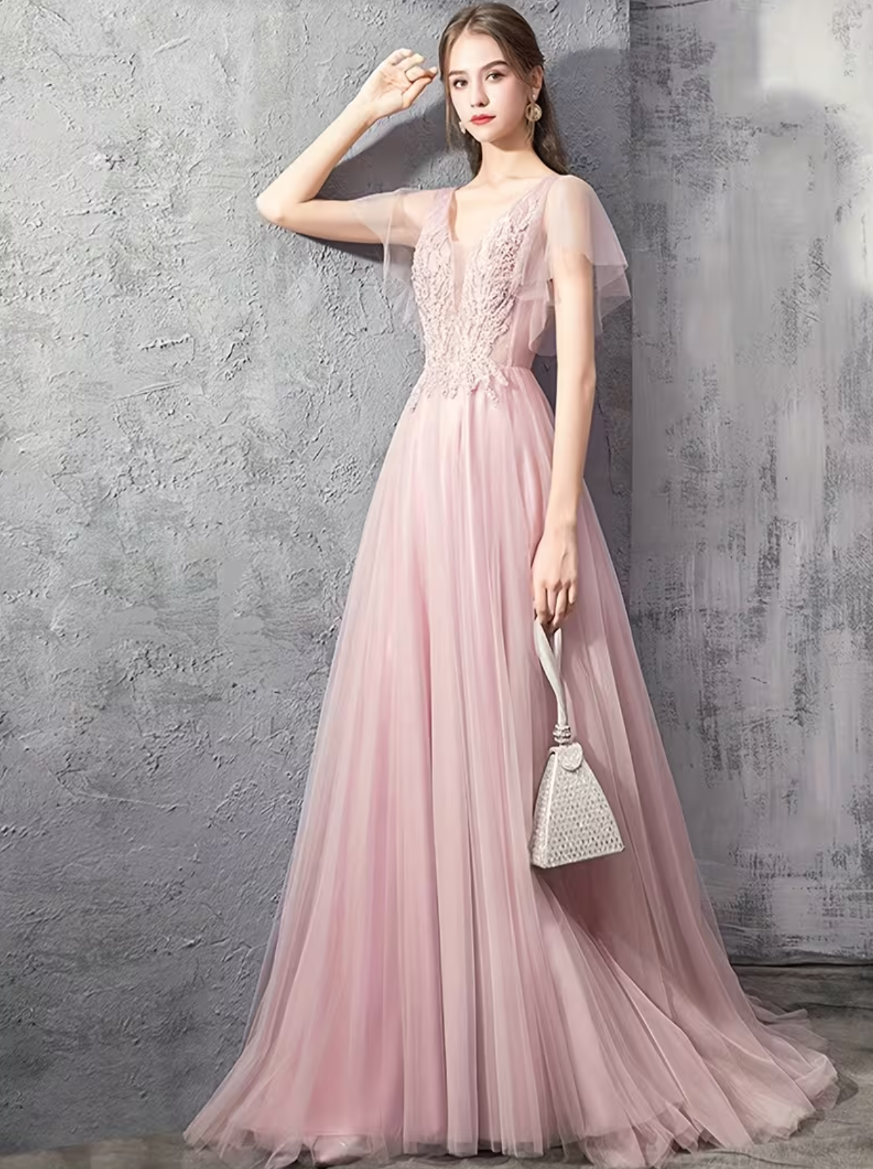 Elegant V-neck Sequined Embroidered Mesh Short Sleeve High-Waist A-Line Long Formal Ball gown Evening Dress