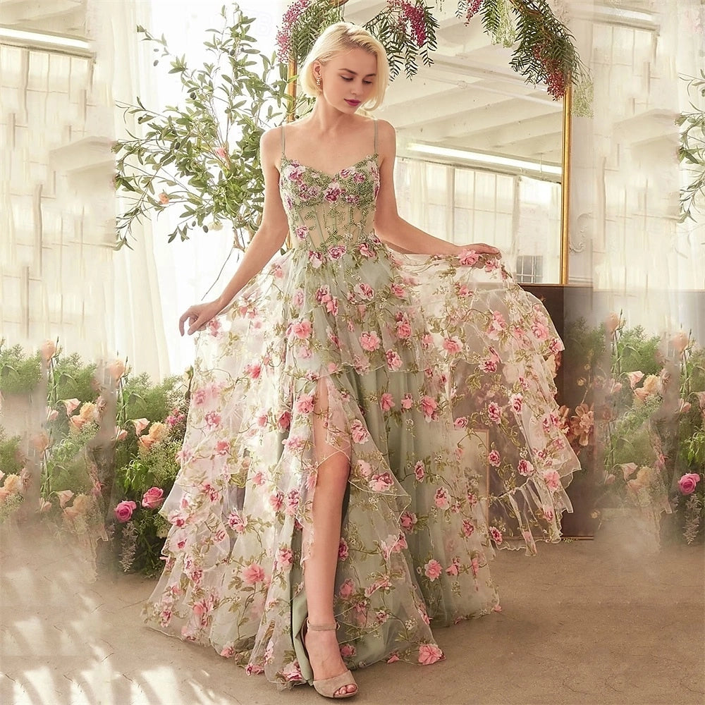 Vedress green floral embroidery tulle spaghetti strap a line long prom dress with thigh slit